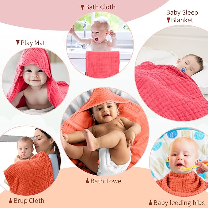 VitalCozy 6 Pcs Baby Muslin Hooded Bath Towels and Washcloths Muslin Cotton Hooded Baby Towels Absorbent Blankets for Gift Newborn Infant Shower (35 x 35 Inch,Cherry Red,Coral)