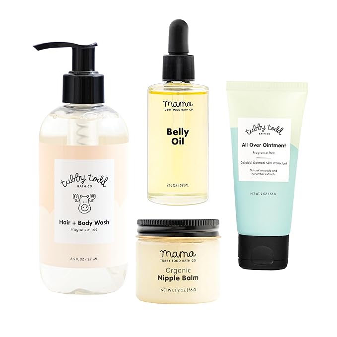 Tubby Todd New Baby & Mom Sensitive Skincare Kit - The Mama + Baby Gift Set - Baby Shampoo and Body Wash 8.5 Oz, All Over Ointment 2 Oz, Belly Oil 2 Fl Oz & Nipple Balm 1.9 Oz - Fragrance-Free