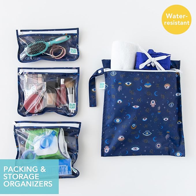 Bumkins - Waterproof Wet Bag & Clear Travel Bags - For Beach, Baby, Travel, Swim Suit, Cloth Diapers, Pump Parts, Pool, Gym, Toiletries - Reusable & Easy to Clean - Evil Eye - 4 Pack