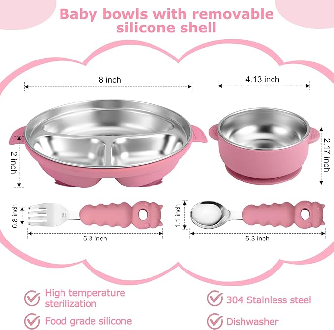 Stainless Steel Baby Plate and Bowl with Suction, Baby Bowl and Divided Kids Toddler Plate with Removable Silicone Shell, Non-Slip Toddler Baby Feeding Set, Forks + Spoons Included-Rose red