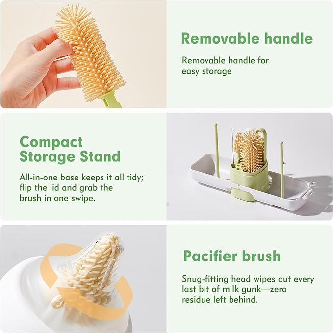 7-in-1 Baby Bottle Brush Set, Silicone Bottle Brush, Nipple Brush, Straw Cleaner, Travel Bottle, Drying Rack, Cleaning Kit