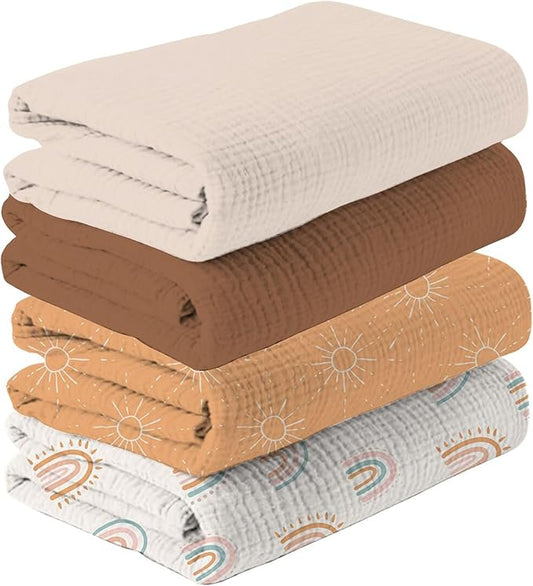 Happy Flute 4Set Muslin Swaddle Blankets–Ultra Soft Baby Blanket for Newborns,Receiving Blankets for Baby Girls & Boys–Baby Essentials 0-3 Years,40x40inches (Sun)