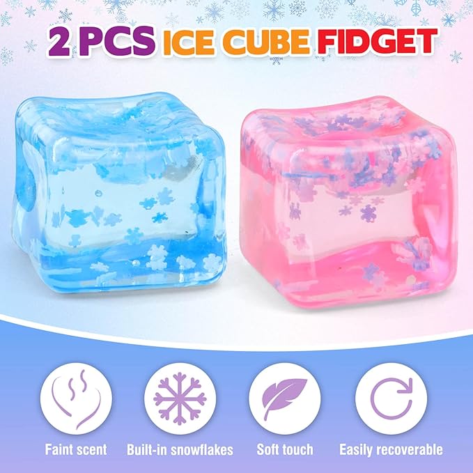 Ice Cube Fidget Toy for All Ages: 2 Pack Sensory Squishy Fidget Toys, Square Stress Balls, Classroom Prizes, Anxiety Relief Stress Cube Gift for Kids Teens Adults