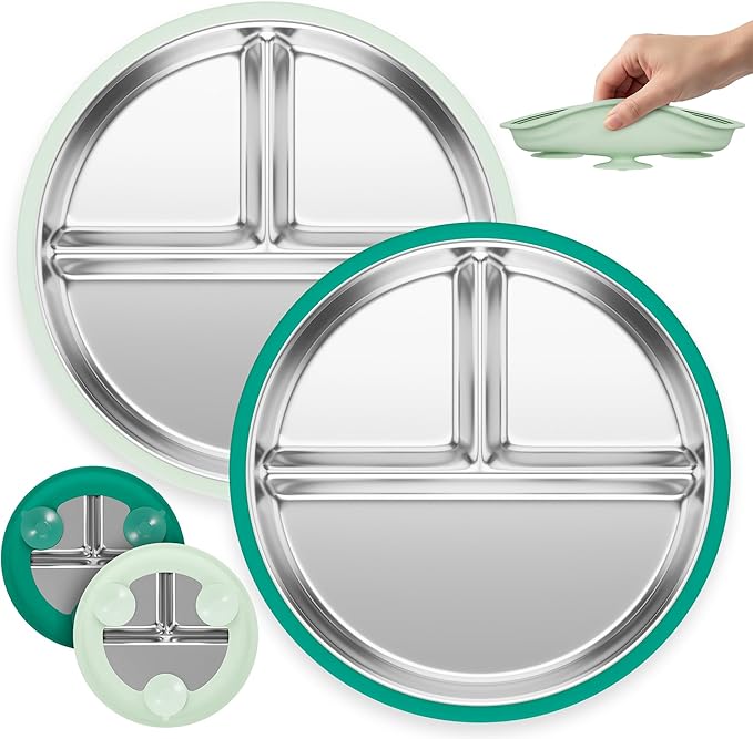 Stainless Steel Kids Plates with Suction - 9" Stainless Steel Toddler Plates with Dividers and Strong Hold Silicone Base - Feeding Dinnerware for Baby, Dishwasher Safe Suction Plate Non Toxic