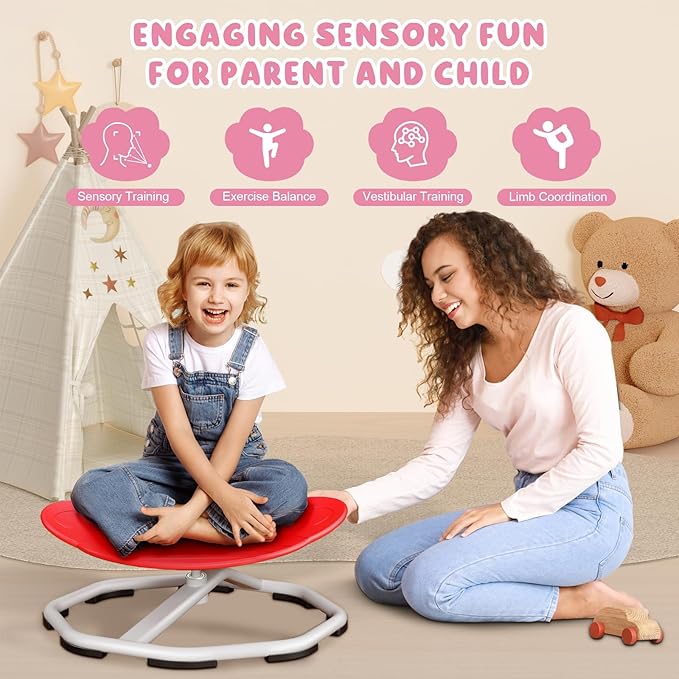 Sensory Swivel Chairs for Kids, Spinning Chair for Autistic Kids, Sit and Spin Sensory Toys, Training Body Coordination, Autism ADHD Chairs Indoor Outdoor Play Equipment (Red)
