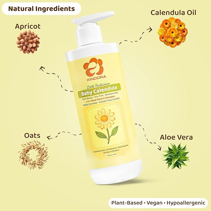 KINDORA 2-in-1 Calendula & Oat Baby Shampoo & Body Wash | Gentle, Tear-Free & Hypoallergenic Bath Wash for Sensitive Skin | Organic, Vegan & Plant-Based Cradle Cap Treatment – 16.9 fl oz