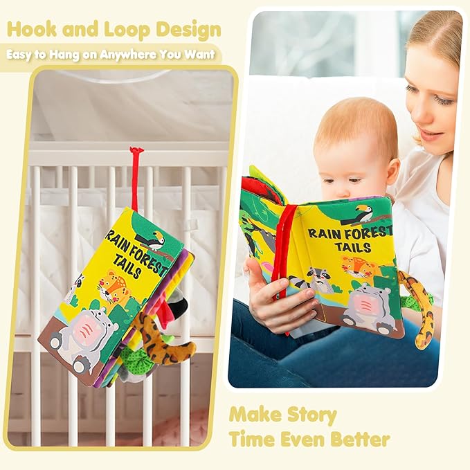 beiens Soft Toys Baby Cloth Books, Touch and Feel Crinkle Books for Babies, Infants & Toddler, Early Development Interactive Car Toys & Stroller Toys for Boys & Girls (Rainforest Tails-1 Book)