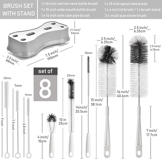 ALINK 8 Pack Bottle Brush Cleaning Set with Stand, Long Handle Bottle Cleaner with Holder for Narrow Neck Beer Wine Brewing Bottles, Stanley, Baby Bottles, Tumblers, Drinking Glasses, Straws