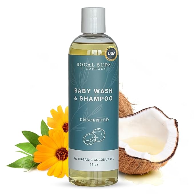 SoCal Suds & Company Organic Baby Shampoo and Body Wash - 2-in-1 Castile Soap, Hypoallergenic, Sensitive Skin, Natural Soap, Toddler Shampoo, Infant, Newborn, Kids Body Wash - 12oz Fragrance Free