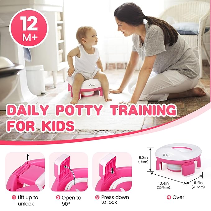 Orzbow Portable Potty Seat for Toddler Travel, Potty Training Toilet for Boys and Girls 18+ Months, Includes Storage Bag and 40pcs Disposable Liners, Travel Toddler Toilet Seat with Splash Guard, Pink