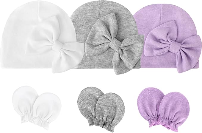 BQUBO Newborn Girls Hats Baby Hat and Mittens Set Infant Caps Bow Hospital Beanie with No Scratch Mittens for Baby Boys Girls