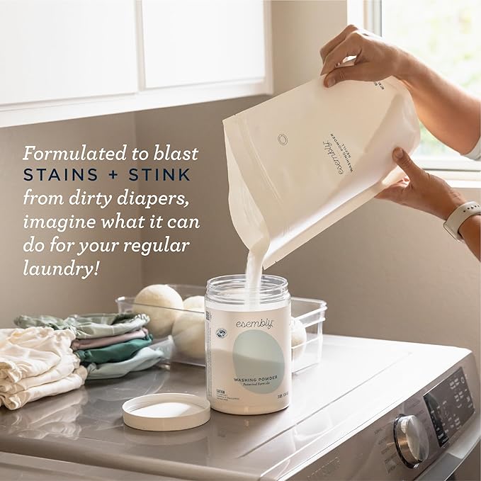 Esembly Laundry Washing Powder – HE Mineral Based Detergent for All Household Laundry and Cloth Diapers – Patented, Fragrance-Free, EWG Verified, Earth-Friendly, (3lb Refillable Canister and Scoop)