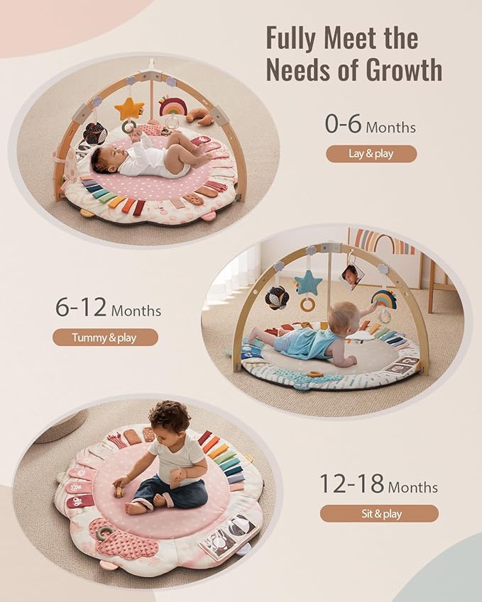 Blissful Diary Baby Play Gym & Activity Mat, 5 Developmental Zones Wooden Tummy Time Mat with 5 Detachable Sensory Toys for Motor Skills & Sensory Development, Baby Essentials Shower Gift, Pink Flower