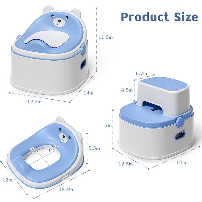 3-in-1 Potty Training Toilet, Portable Potty, Potty Training Seat and Toddler Step Stool, Easy Setup and Clean, Anti-Slip Toddler Potty Trainer for Boy Girl,Blue