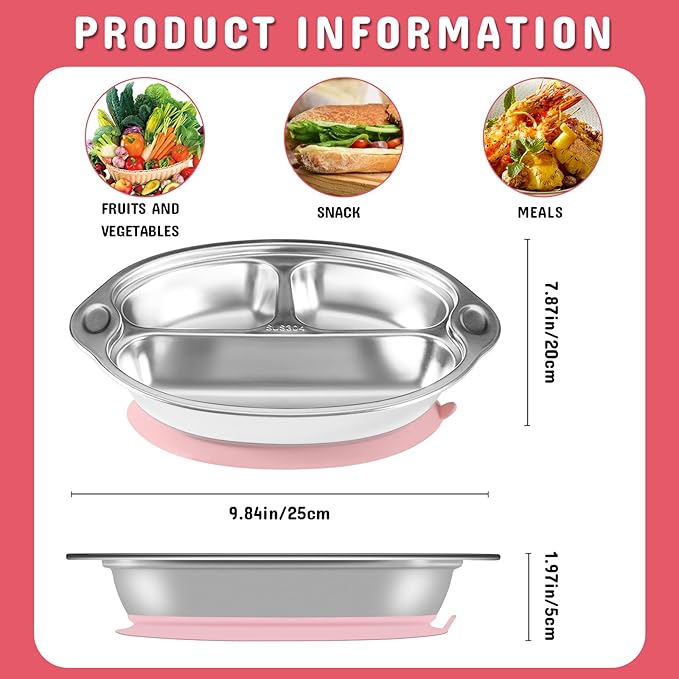 Stainless Steel Baby Suction Plates: Divided Plates for Babies and Toddlers, Made of 100% Food-Grade Materials Ideal for Baby-Led Weaning BPA-Free Toddler Feeding Dishwasher Safe PINK