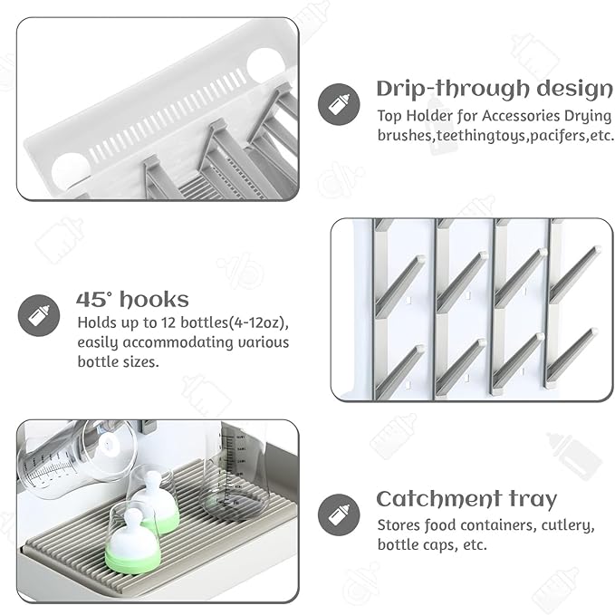 Baby Bottle Drying Rack - Vertical Space Saving Design with 12 Pegs, Holds Bottles, Pump Parts & Pacifiers, Dishwasher Safe & Quick Drain, Gray