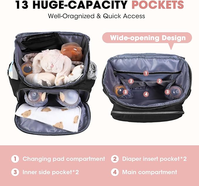 Baby Diaper Bag Backpack, Expandable Baby Bag for Girl Boy, Travel Diaper Backpack with Insulated Pocket, Changing Pad, Quilted Diaper Bag for Mom Dad, Newborn Baby Essentials Must Have Black