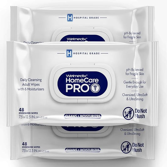 Homecare Pro Oversized Daily Cleansing Adult Wipes With 6 Moisturizers Wet Cleansing, Rinse Free, Bathing Wipes, Hospital Grade pH Balanced for Fragile Skin - | 48 Count XL |- 3 Pack