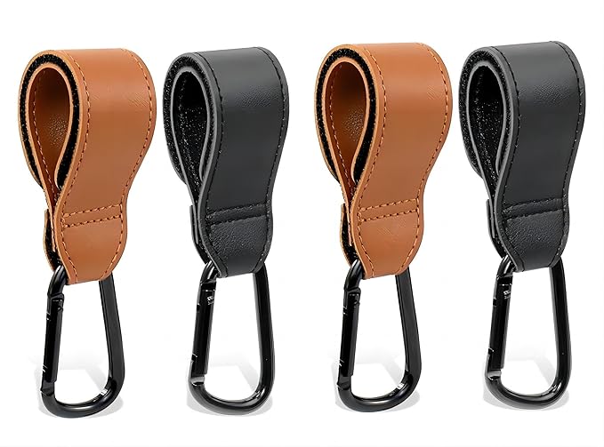 4PCS Stroller Hook Accessories, Multipurpose Stroller Bag Hooks, Leather Stroller Clips for Diaper Bags Pet Carts Grocery Shopping Bags(Black and Brown)