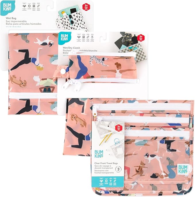 Bumkins - Waterproof Wet Bag, Wet/Dry Clutch & Clear Travel Bags - For Beach, Baby, Travel, Cloth Diapers, Pump Parts, Pool, Gym, Toiletries - Reusable & Easy to Clean - Yoga Pals - 5 Pack