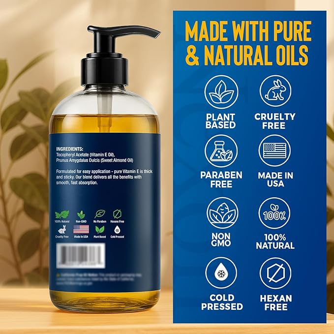 Pure Vitamin E Oil 30,000 IU, 8 fl oz - Cold-Pressed, Hexane Free, Natural Moisturizer for Skin & Face - Supports Scar & Stretch Mark Care by Nexon Botanics