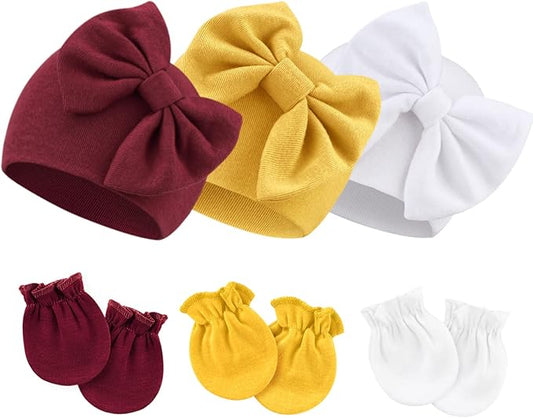 BQUBO Newborn Girls Hats Baby Hat and Mittens Set Infant Caps Bow Hospital Beanie with No Scratch Mittens for Baby Boys Girls