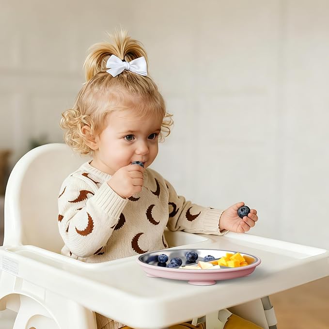 Stainless Steel Baby Plate with Suction, 8” Divided Toddler Plates with Removable Silicone Sleeves for Kids, Non-Toxic Non-Slip Unbreakable Dishwasher Safe Dinnerware Set of 2, Pink & Lilac