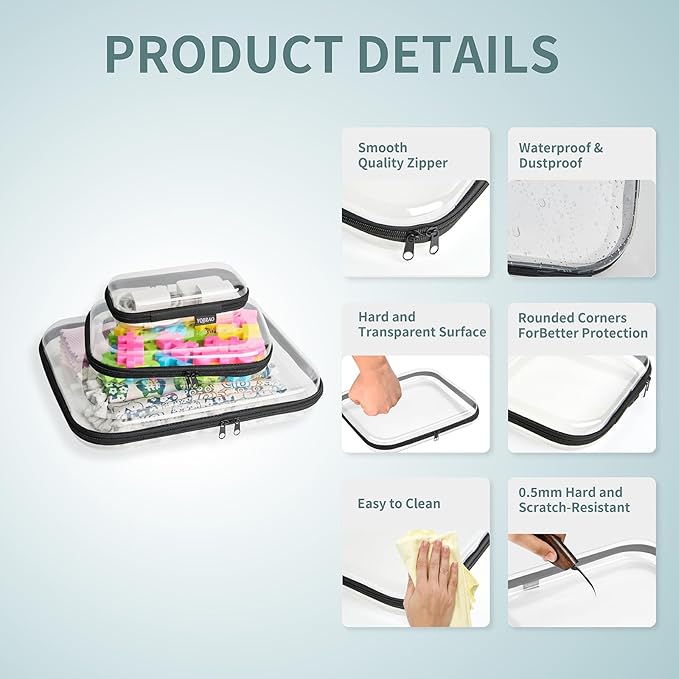 Hard Sided Clear Zipper Case for Storage- Professional-Grade Plastic Clear Zipper Pencil Case,Toy Storage Bins, Toiletry Pouch, Travel Organizer, Cosmetic Bag（Black,3 Pack, LMS）