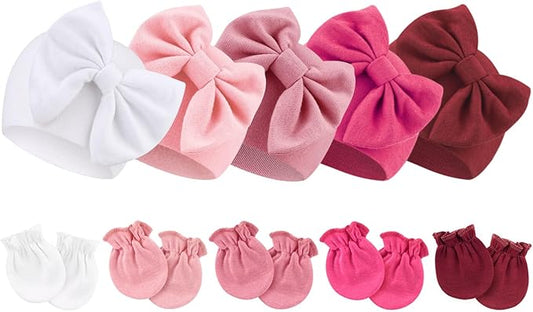 BQUBO Newborn Baby Girls Hats Mittens Set Hospital Hat Beanie Infant Bow Hats Baby Cotton Gloves for 0-6 Months