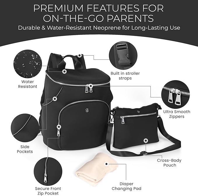 Diaper Bag Backpack 2 Pack - Waterproof - 11 Pockets & Insulated Bottle Pocket - Extra Mini-Pouch Included - Diaper Bag Neoprene Exterior - Black