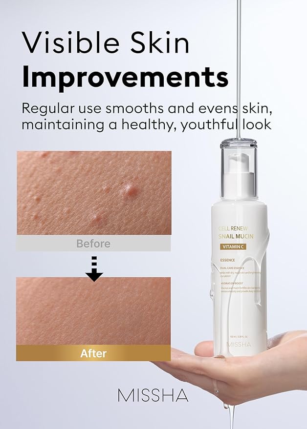 MISSHA Cell Renew Snail Mucin Vitamin C Essence Serum 3.38 Fl oz - Hydrating Korean Skincare for Glass Skin, Snail Mucin Serum for Improved Skin Texture & Complexion