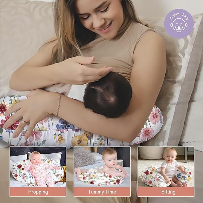 Little Grape Land Nursing Pillow for Infants, Breastfeeding Pillows, Baby Support Pillow for Nursing, Bottle Feeding, Tummy Time with Machine Washable Cover & Breathable Filling, Spring Flower