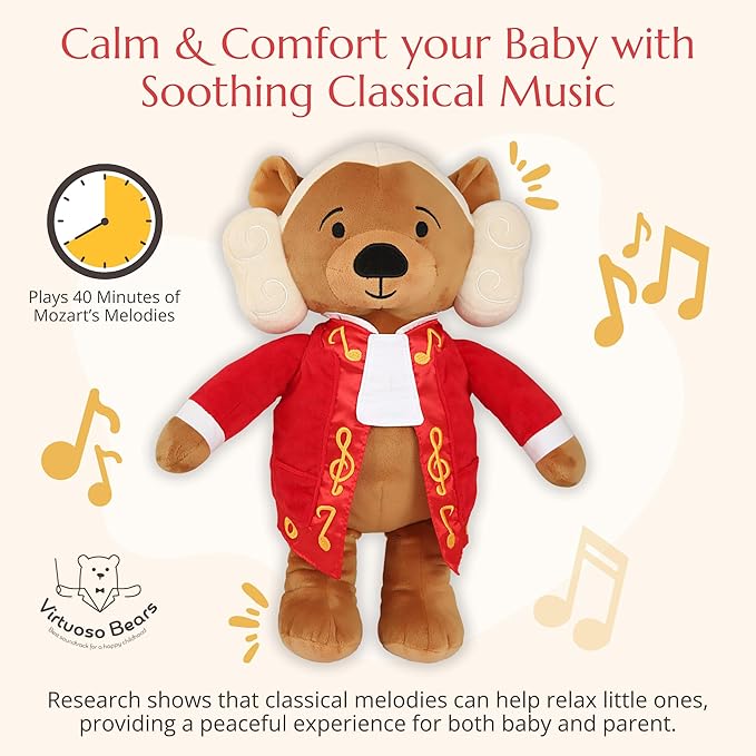 Amadeus Mozart Plush Bear – Plays 40 Mins of Classical Music, Educational & Soothing Interactive Teddy Bear for Babies & Toddlers, Perfect