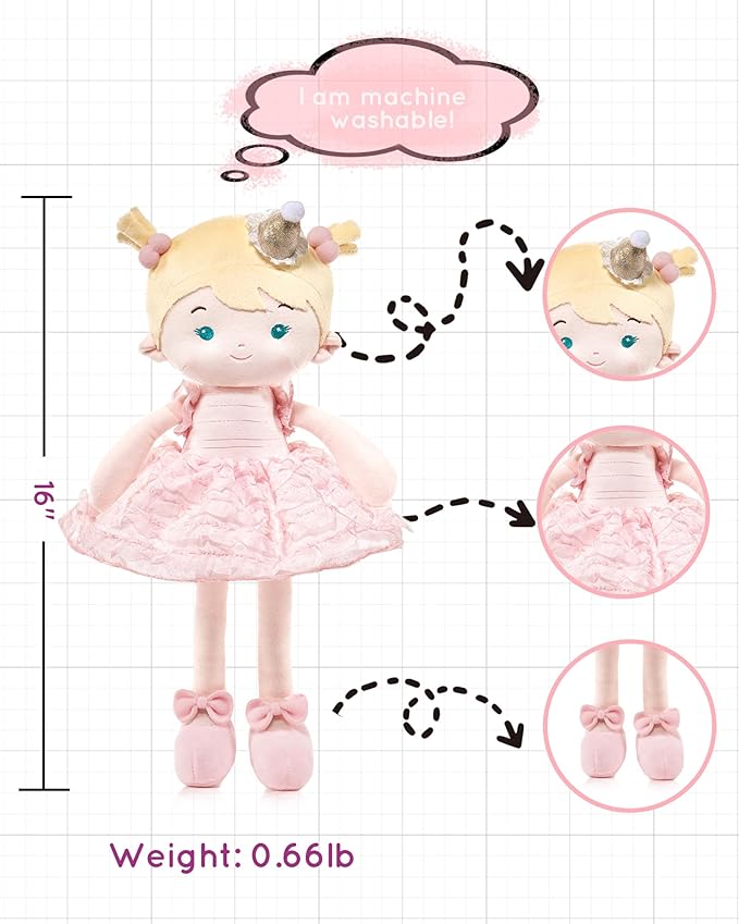 LeyaDoll Soft Baby Doll Toys (16''), My First Baby Rag Doll for 1 Year-Old Girl Birthday Gift, Christmas Plush Toys Gift for Toddler Kids Infants-Daydream-Princess-Wish