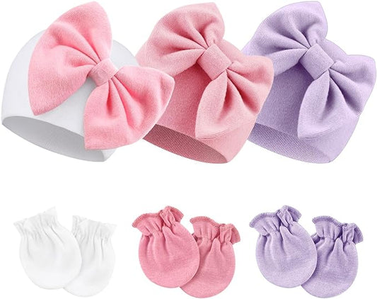 BQUBO Newborn Girls Hats Baby Hat and Mittens Set Infant Caps Bow Hospital Beanie with No Scratch Mittens for Baby Boys Girls
