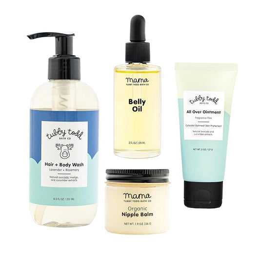 Tubby Todd New Baby & Mom Sensitive Skincare Kit - The Mama + Baby Gift Set - Baby Shampoo and Body Wash 8.5 Oz, All Over Ointment 2 Oz, Belly Oil 2 Fl Oz & Nipple Balm 1.9 Oz - Lavender Rosemary