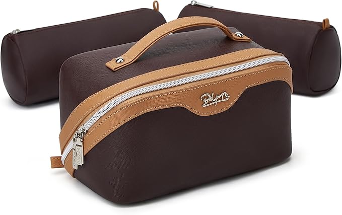 BOYATU Travel Makeup Bag Organizer Cosmetic Bag: 3 Pcs Set Make up Bags for Women with Handle - Waterproof Vegan Leather Toiletry Bags Travel Essentials Pouch with Compartments (D-01-Brown)