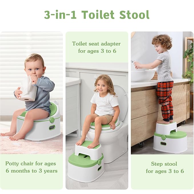 3-in-1 Potty Training Toilet, Portable Potty, Potty Training Seat and Toddler Step Stool, Easy Setup and Clean, Anti-Slip Toddler Potty Trainer for Boy Girl,Green