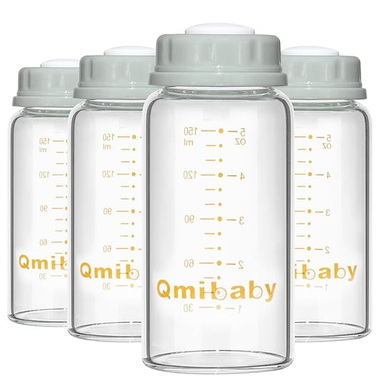 Natural Glass Baby Bottle 150ml 5oz Standard Neck Breast Milk Storage Bottles Compatible with Medela Breast Pumps for Breastmilk Storage Bottle Breastfeeding BPA-Free 4 Pack (Grey Lids)