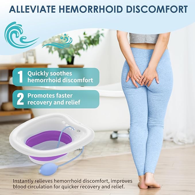 Soothic Sitz Bath for Toilet Seat, Sitz Bath for Postpartum Care and Hemorrhoids, Upgraded Collapsible Sitz Baths with Flusher, Wider Seating Area, Deeper Bowl, Drain Holes, Purple