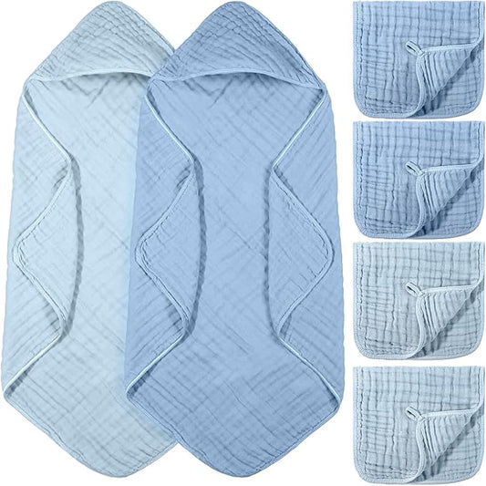 VitalCozy 6 Pcs Baby Muslin Hooded Bath Towels and Washcloths Muslin Cotton Hooded Baby Towels Absorbent Blankets for Gift Newborn Infant Shower (35 x 35 Inch,Mint Blue,Sky Blue)