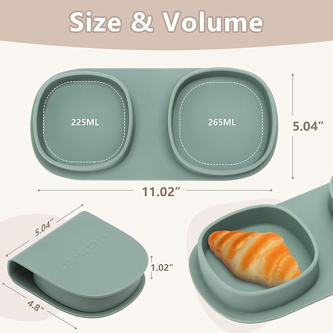 Silicone Foldable Novelty Dinner Plates,Baby Plates Travel Essential with Forks and Spoons,Microwave & Dishwasher Safe,Sage
