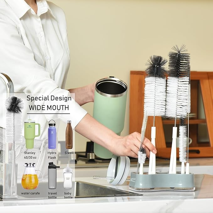 ALINK 8 Pack Bottle Brush Cleaning Set with Stand, Long Handle Bottle Cleaner with Holder for Narrow Neck Beer Wine Brewing Bottles, Stanley, Baby Bottles, Tumblers, Drinking Glasses, Straws