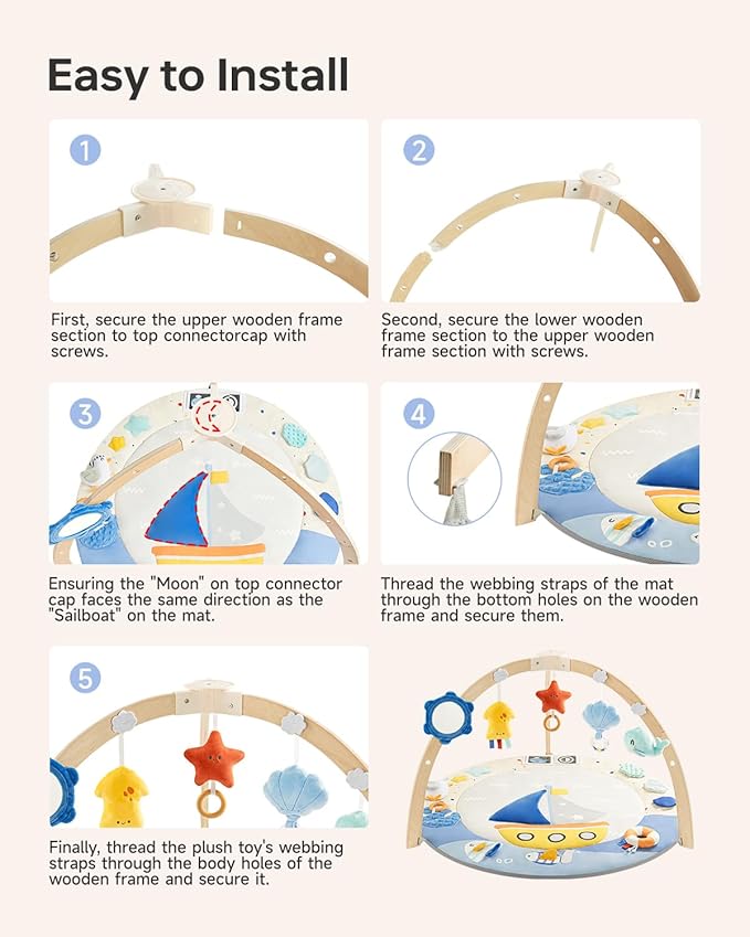 Baby Play Gym Activity Mat, 5 Developmental Zones Wooden Tummy Time Mat with 7 Detachable Sensory Toys for Motor Skills & Sensory Development, Baby Essentials Shower Gift, Easy to Install
