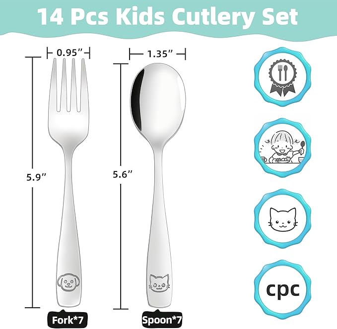 Stainless Steel Toddler Utensils Set - 14 Pcs Kids Silverware, Safe Food Grade, Mirror Polished, Dishwasher Safe, Perfect for Little Hands, Trendy & Durable. ﻿