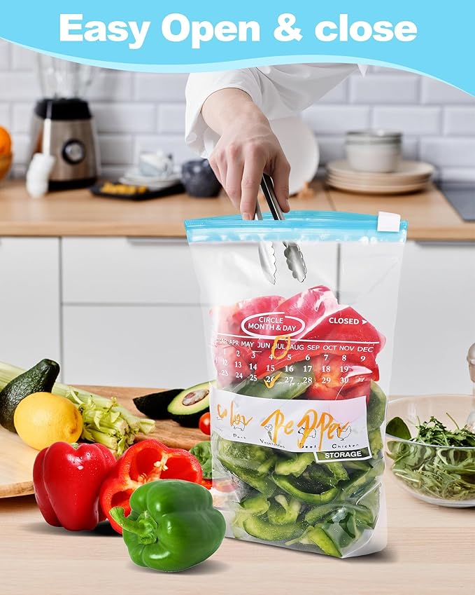 120 Pack Calendar Slider Quart Freezer Bags Reusable Food Storage Bags Slide Zipper Expandable Bottom Clear Plastic Freezer Bags With Write-On-Label For Food Storage (Blue)