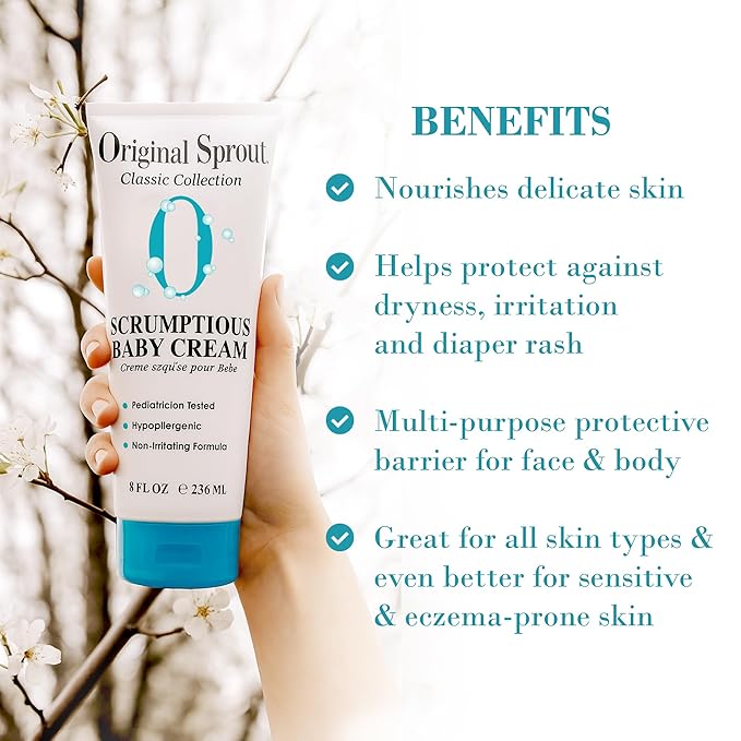 Original Sprout Scrumptious Baby Cream, Gentle Moisturizing Cream for Dry, Sensitive Skin & Diaper Rash, Non-Greasy Baby Lotion with Zinc Oxide & Calendula for Face & Body, 8 fl oz