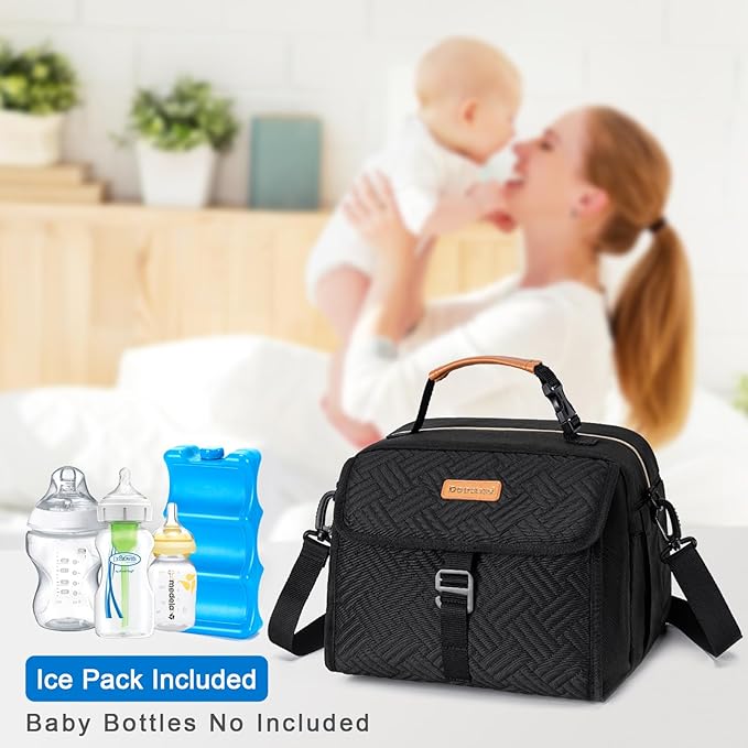 Breast Milk Cooler Bag with Ice Pack Fits 6 Bottles Milk Up to 9 Ounce, Breast Pump Cooler Bag for Nursing Mom Daycare, Work&Travel, Black