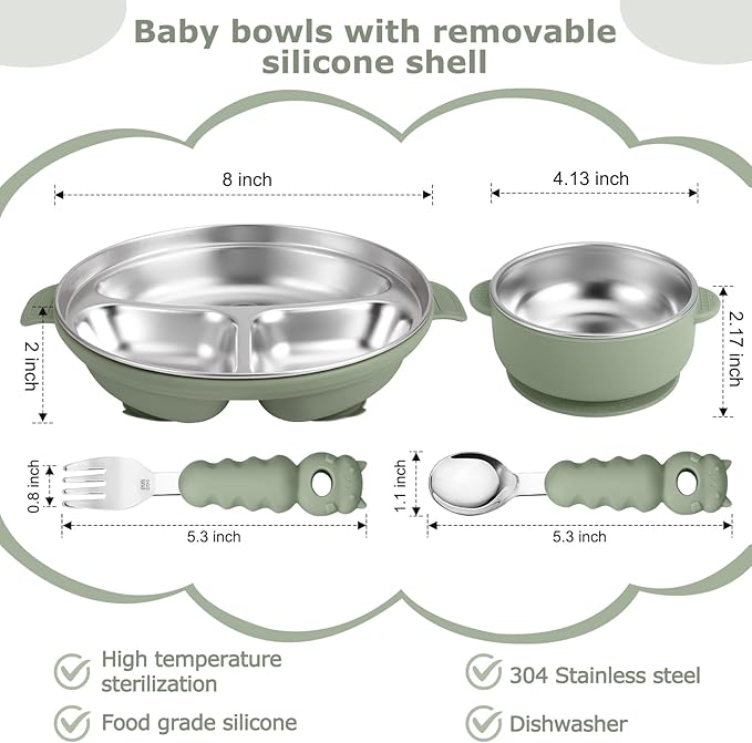 Stainless Steel Baby Plate and Bowl with Suction, Baby Bowl and Divided Kids Toddler Plate with Removable Silicone Shell, Non-Slip Toddler Baby Feeding Set, Forks + Spoons Included-Green