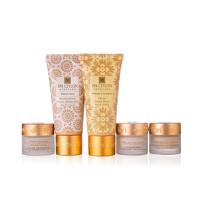 Spa Ceylon Virgin Coconut Skin Care Discovery Set | Travel Size Face Care Set | Organic Face Wash, Masque, Face Cream & Protector | For Normal to Dry Skin